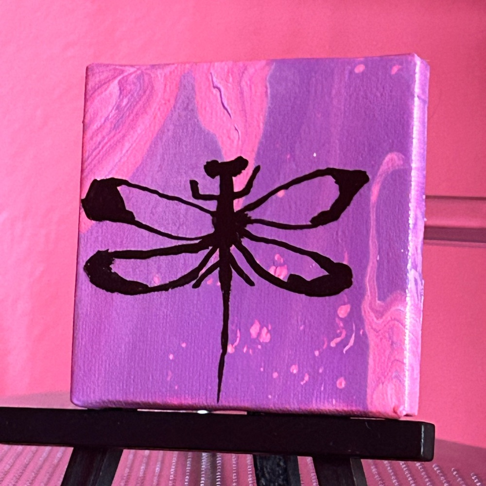 Original Dragonfly Acrylic Painting Pink & Purple Fluid Art with Easel
